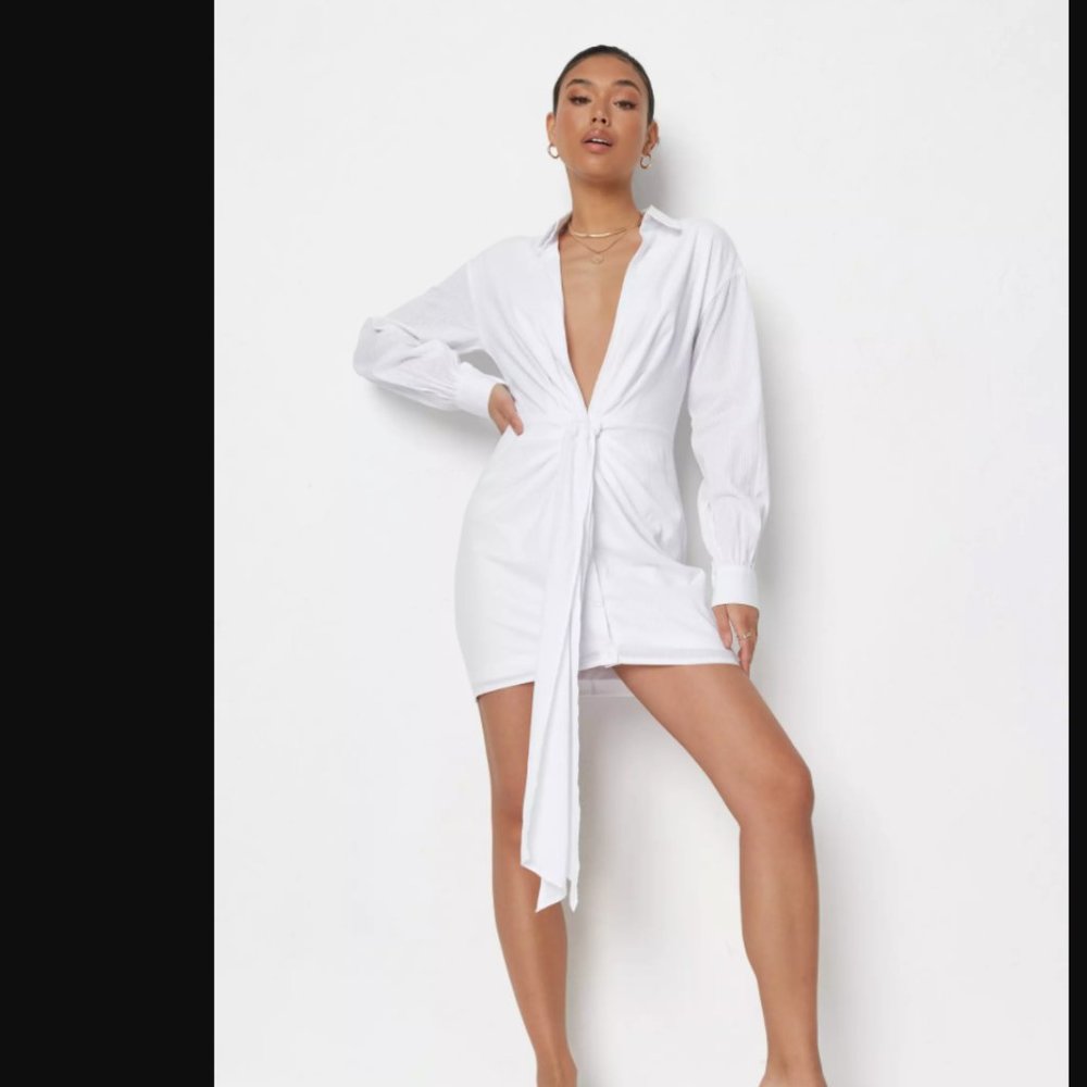 Missguided white stripe plunge tie waist dress